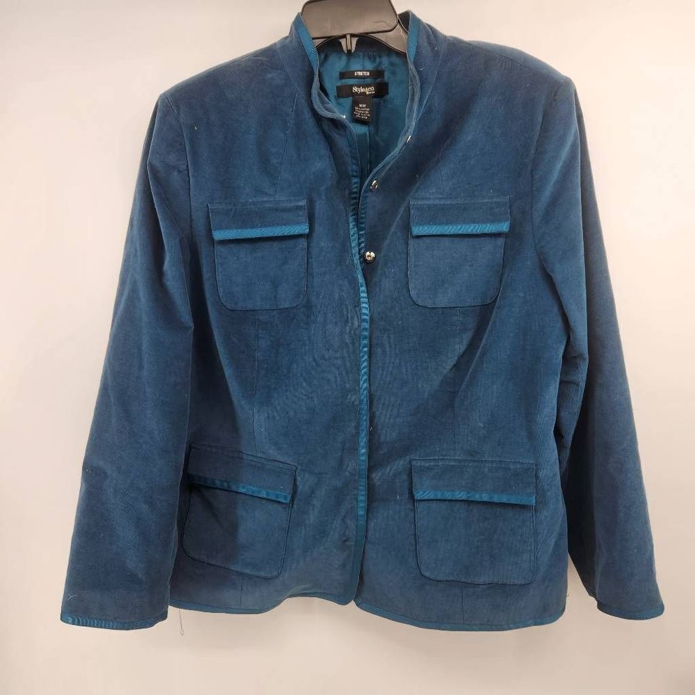 Style & Co Teal Blue Snap Button Courderoy Velvet Snap Button Blazer Women's Plu